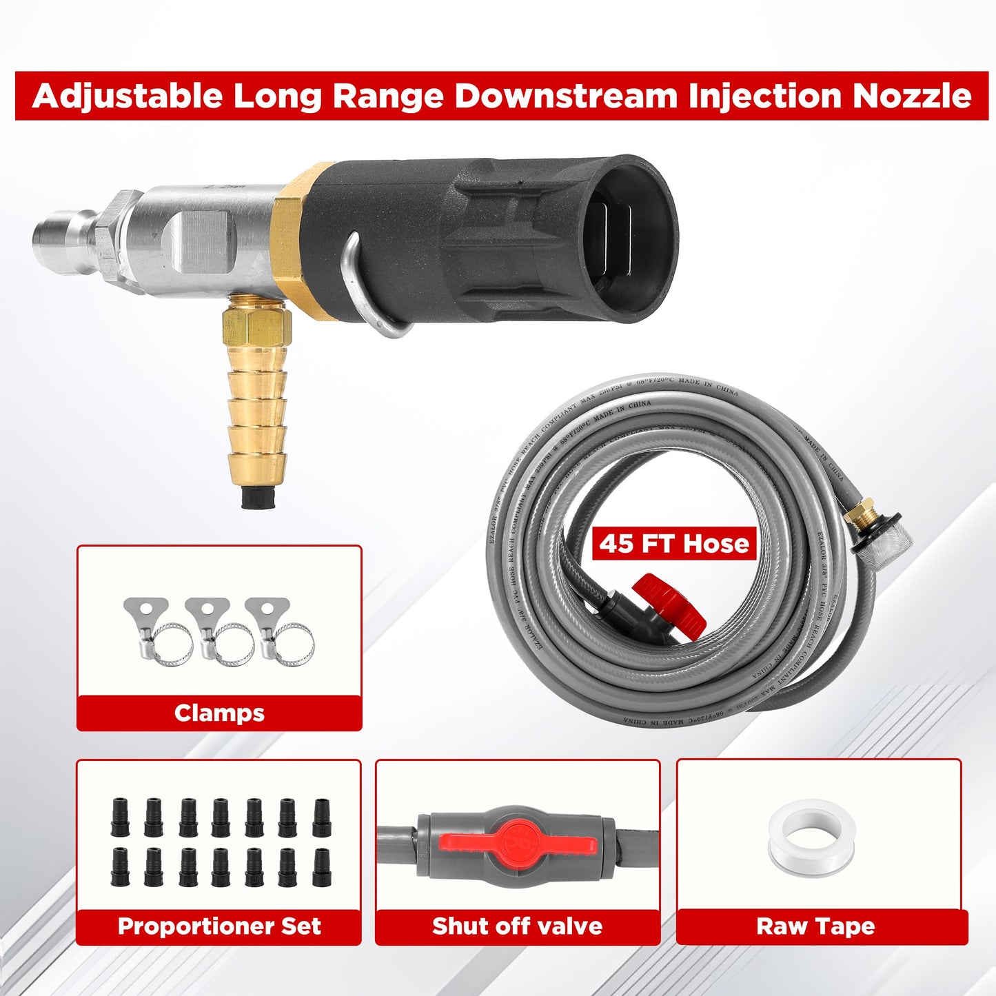 EZALOR Adjustable Long-Range External Chemical Injection for Pressure Washer, Downstream Injector Nozzle Kit 2-2.5 GPM, 1/4" Quick Connect/15FT Siphon Hose, 2500 to 4000 PSI