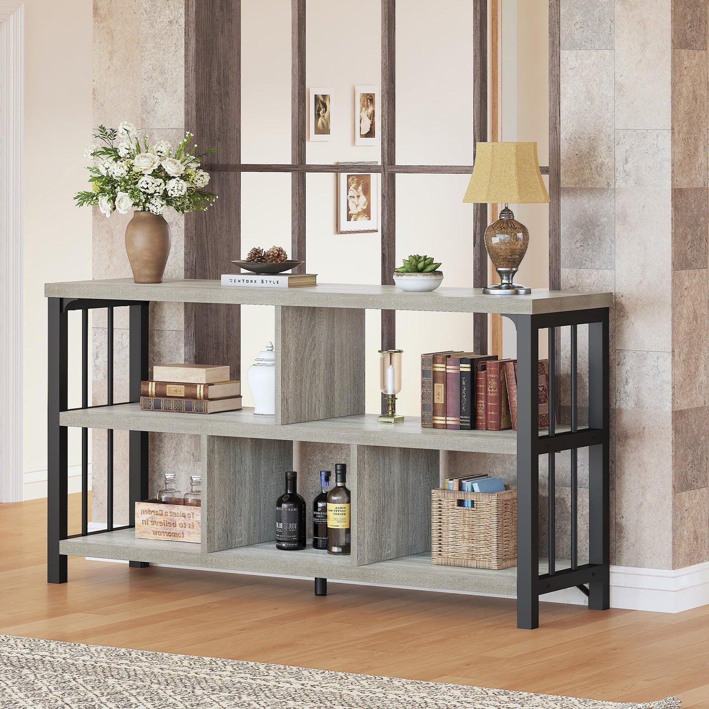 IBF Industrial Horizontal Bookshelf, Modern 5 Cube Storage Organizer Open Shelf, Low Wide Cubby Bookcase for Home Office Living, Wooden Metal Short Book Shelf Bedroom Storage, Light Grey Oak, 47 Inch