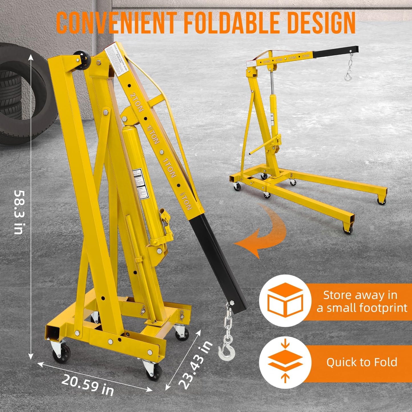 2 Ton Engine Hoist, Hydraulic Cherry Picker Engine Crane, Heavy Duty Folding Shop Crane with 6 Casters, Engine Lift for Garage, Workshop, Yellow