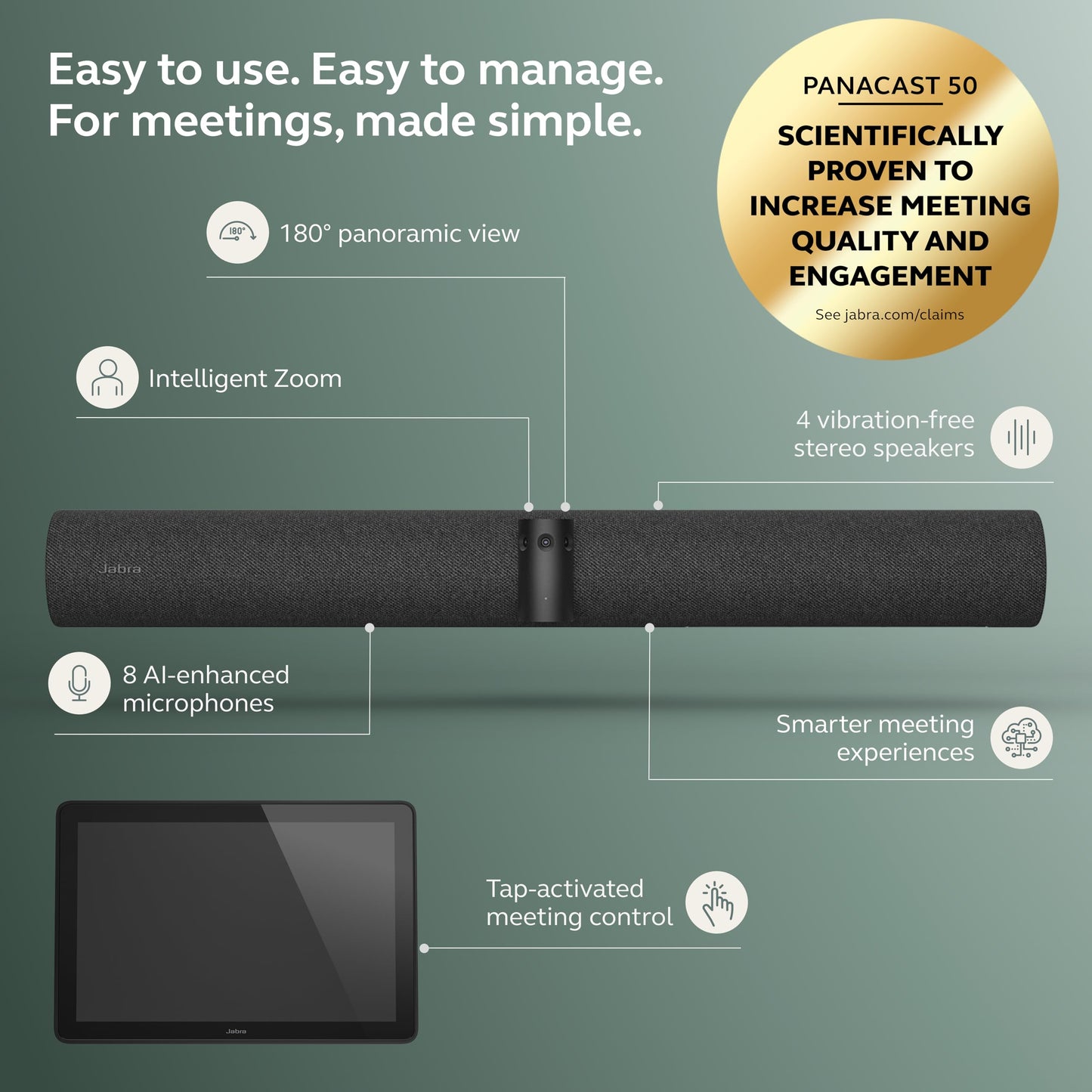 Jabra PanaCast 50 Video Bar System - All-in-one Meeting Room Solution, Audio bar, 180° Full-Room Webcam, Intelligent AI-Enabled Features, and PanaCast Control Touchscreen - All Platforms - Black
