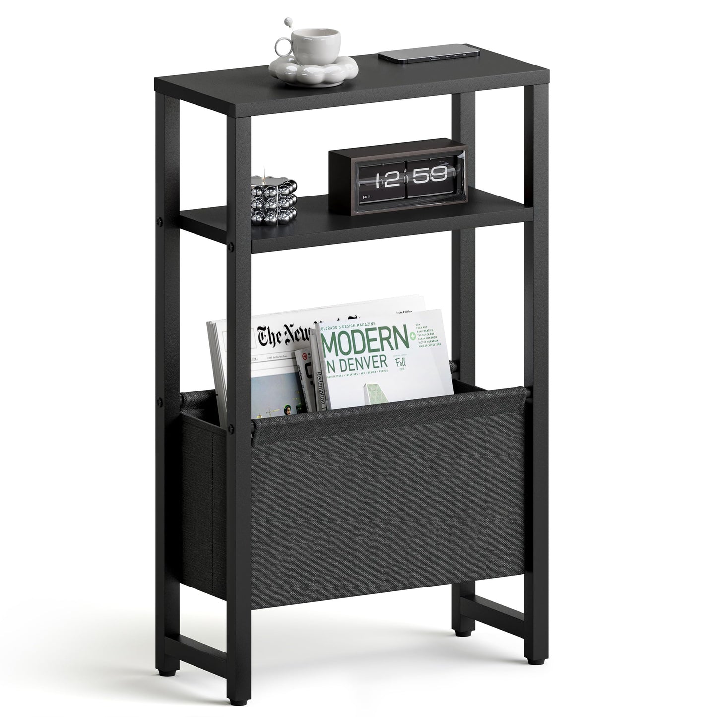IRCPEN Narrow Side Table, Slim End Table with Magazine Rack, Bedside Table for Small Spaces, 3 Tier Sofa Couch Table Nightstand for Living Room, Bedroom Black LET503B