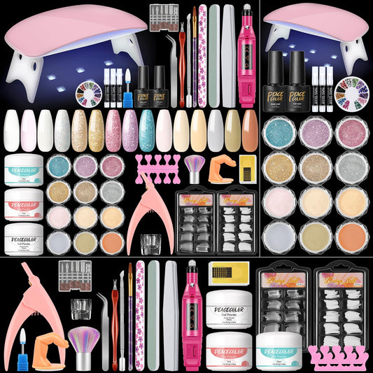 Acrylic Nail Kit for Beginners with Drill U V light, 3pc Acrylic Powder Clear/ Pink /White Set 12Pcs Glitter Powder 200Pcs Fake Tips Nail Starter Kit for Extensions DIY