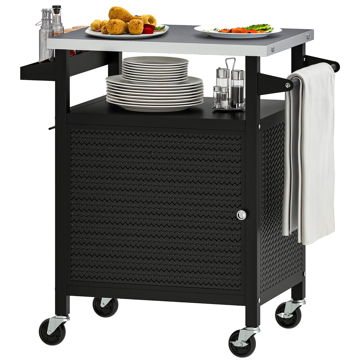 DWVO Outdoor Grill Table,Outdoor Kitchen Island with Stainless Steel Top and Wheels,Grilling Cart for Kitchen Prep,BBQ,Grilling Accessories