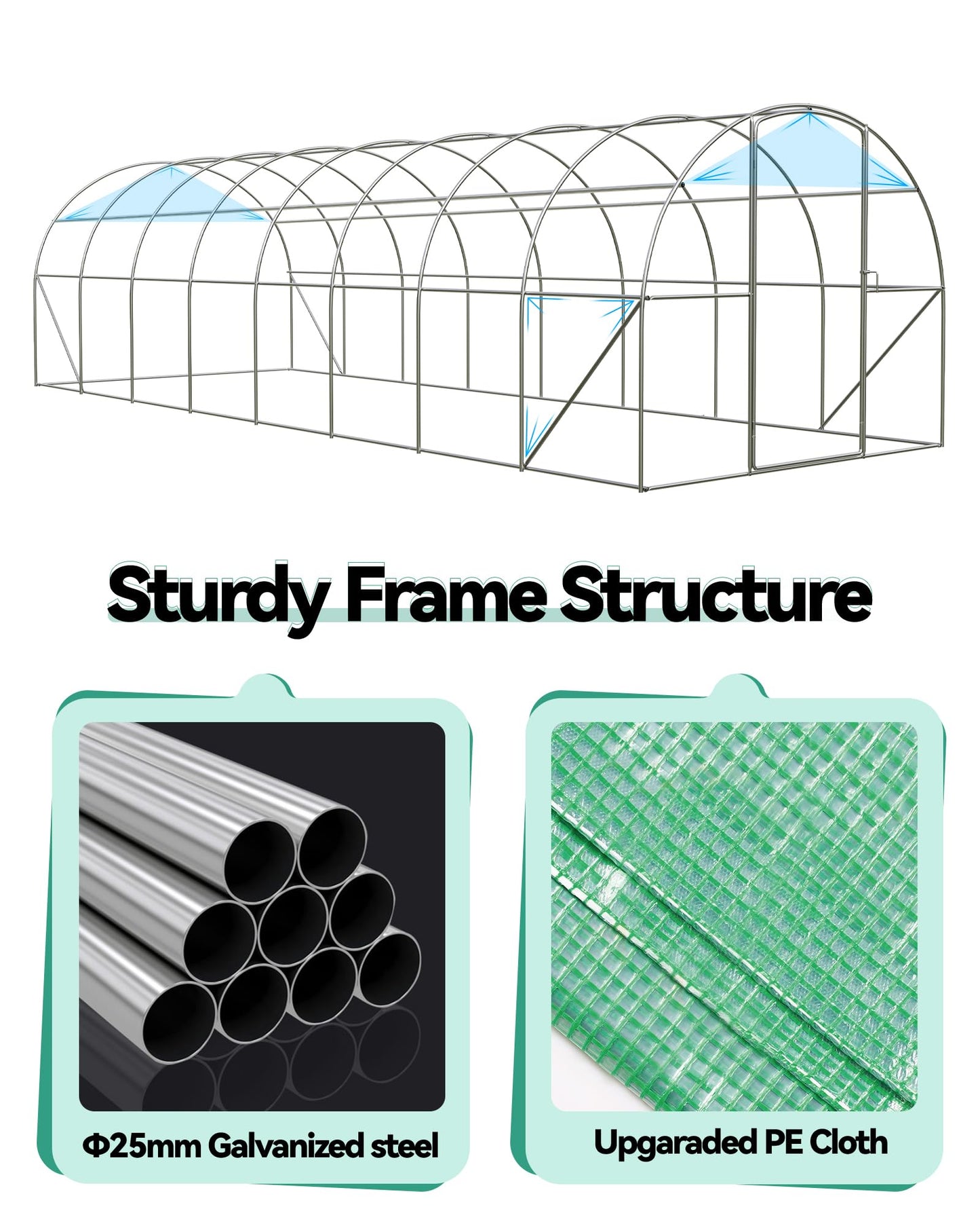 Large 27x10x7 FT Outdoor Walk-in Greenhouse with Swing Door, 16 Mesh Windows, Heavy-Duty Galvanized Steel Frame and Thick PE Cover, Green Garden Plant House for Backyard Gardening
