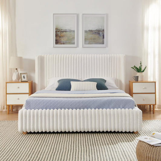 Tabaray Queen Bed Frame with Storage, Upholstered Platform Bed Frame with Plush Rabbit Fur Headboard, Adult Floor Bedframe with Wooden Slats Support, No Box Spring Needed for Bedroom, Apartment, Beige