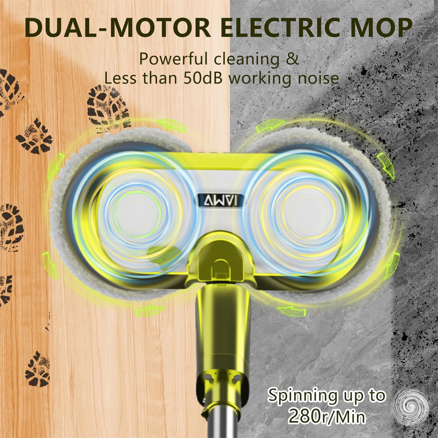 VMAI Cordless Electric Mop with Water Spray & Detachable Battery, Rechargeable Floor Spin Mop & Scrubber with LED Headlights, Washable Pads, Lightweight for Hardwood Tile Marble Floor Cleaning