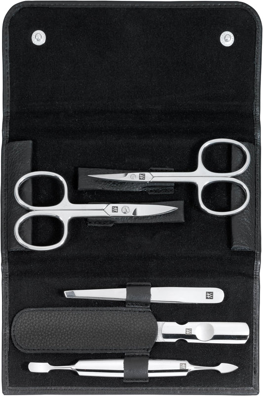 ZWILLING Beauty Classic INOX 6-pc Manicure and Pedicure Set with Black Leather Case, Nail Care Made of Genuine Leather with Push Button