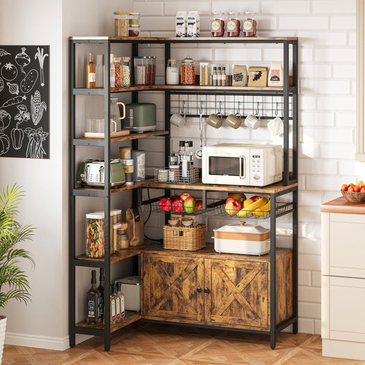 IRONCK Corner Bakers Rack with Power Outlet, Coffee Bar 6 Tier with Storage Cabinet, Vintage Industrial Microwave Stand with 6 Hooks, Kitchen Shelves with Wire Basket, Rustic Brown