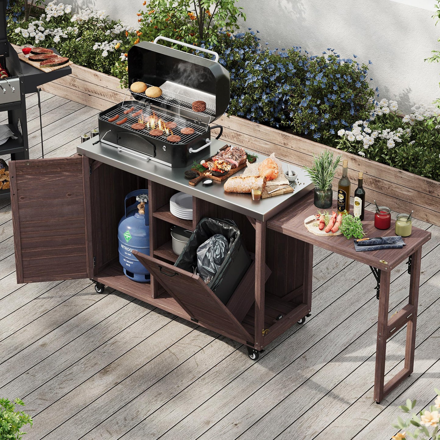 Merax 78.3" Outdoor Kitchen Island with Foldable Grill Table, Solid Wood Grill Cart with Storage & Stainless Steel Top, Bar Cart for Lawn & Garden, Dark Brown