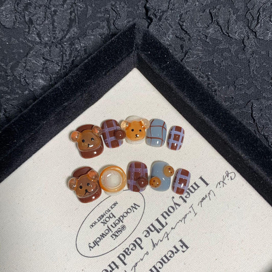 JIEADJIE Press On Nails (100% Handmade),Short-Medium T,Handmade Painted Nail Art by Nail Technician,Daily Version (3D Bear, Medium)