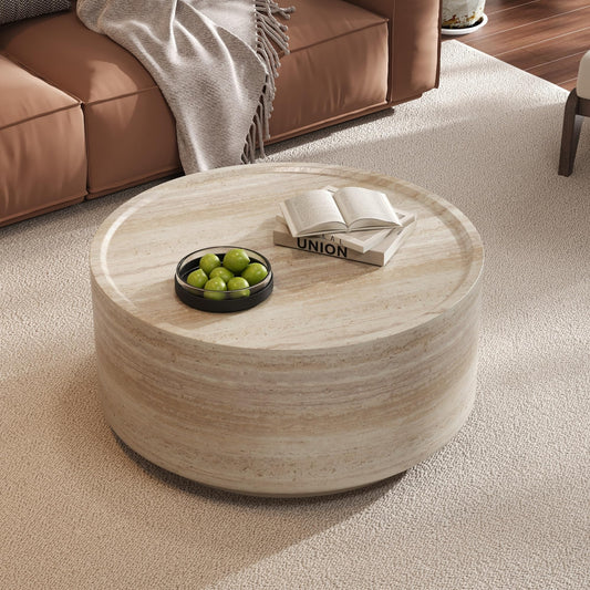Merax 27.5" Round Coffee Table with Faux Luxury Marble Look, Drum Small Center Table with Strong Structure, Minimalist Mars Pattern End Table for Living Room, Bedroom, No Assembly Required, Beige