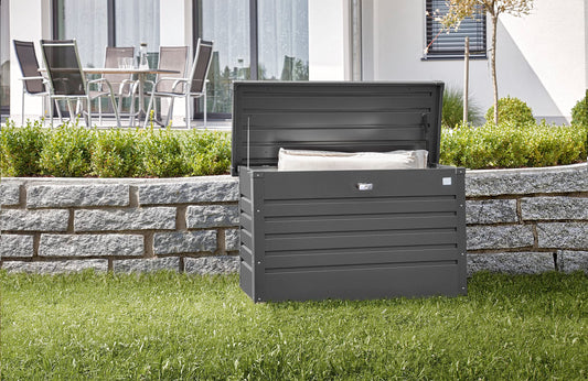 Biohort LeisureTime Metallic Dark Gray Deck Box - 51 Gallon Metal Outdoor Storage, Locking, Waterproof, for Tools, Cushions, Pool & Package Chest, Soft Close Size: 18in x 40in x 25in