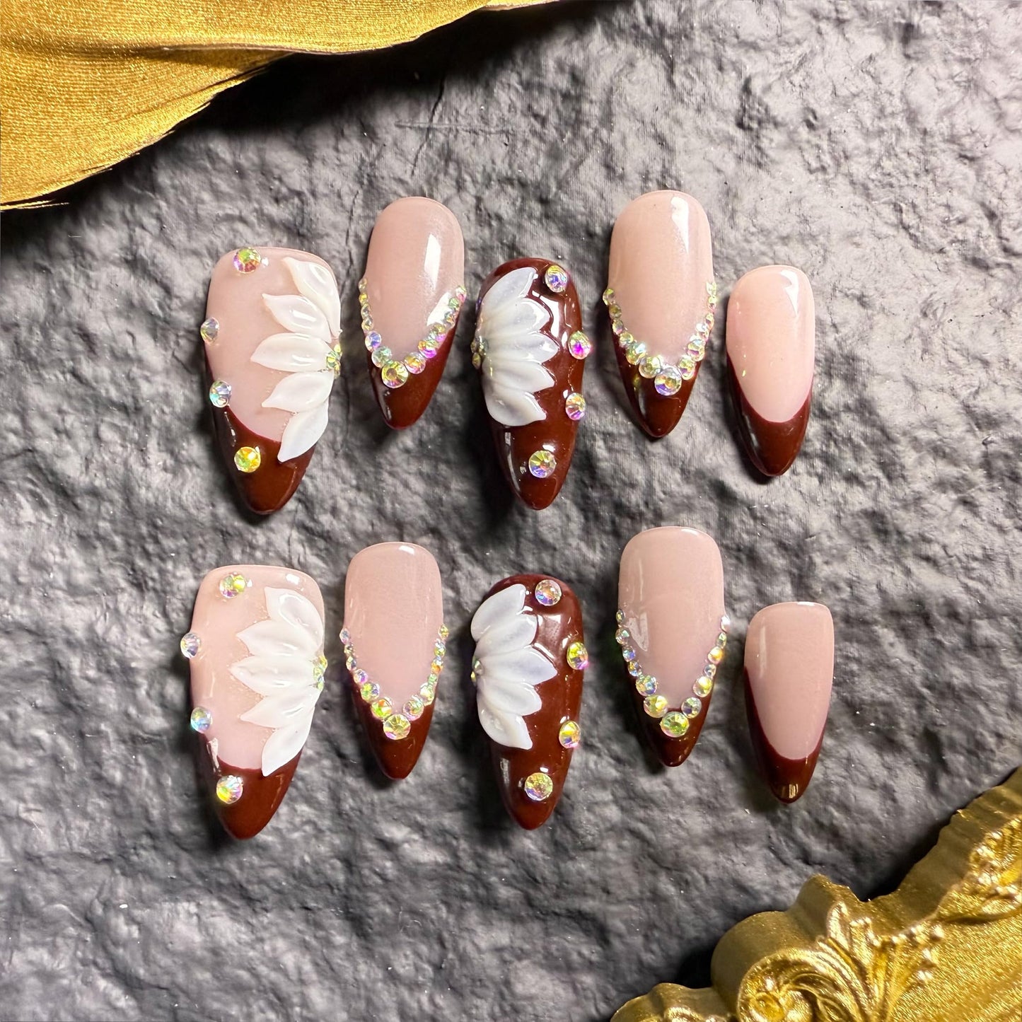 Handmade Press On Nails Almond Medium Elegant Cherry Red French With Rhinestone Detail Handmade Nails 3d Dloral Reusable Wedding Prom And Festival Acrylic Press On Nails (Medium)