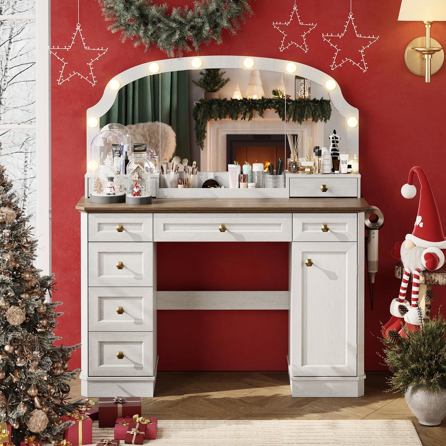 AMBERHAUS Farmhouse Makeup Vanity Desk with Mirror and Lights, 47'' Vanity Table with 8 Storage Drawers 1 Cabinet & 2 Organizer Trays, Large Dressing Table with Charging for Bedroom Rustic White