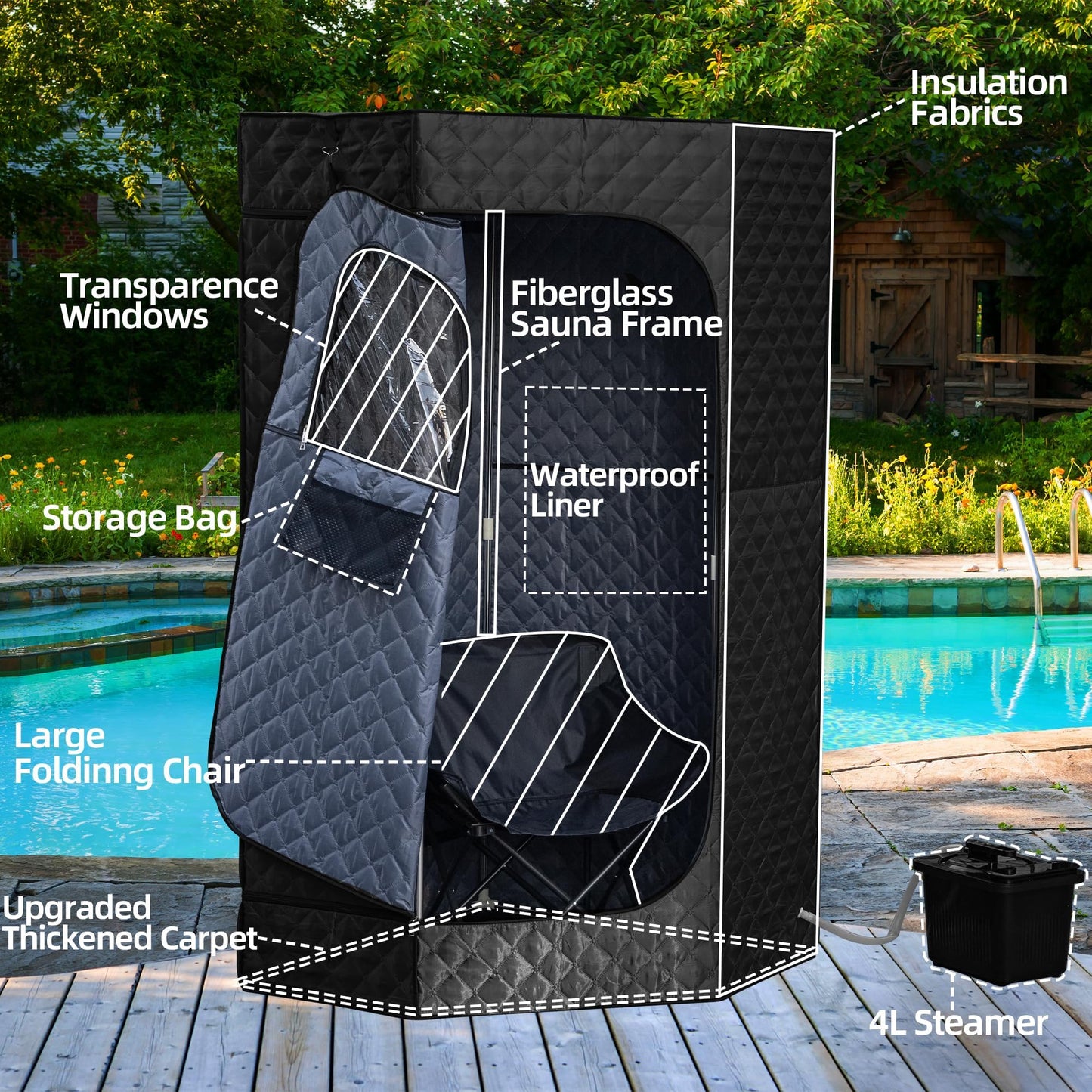 ouluu XL Portable Sauna Box, 4L Steamer Portable Steam Sauna for Home, Personal Sauna with Big Sauna Chair, Remote Control, Black, 1400W