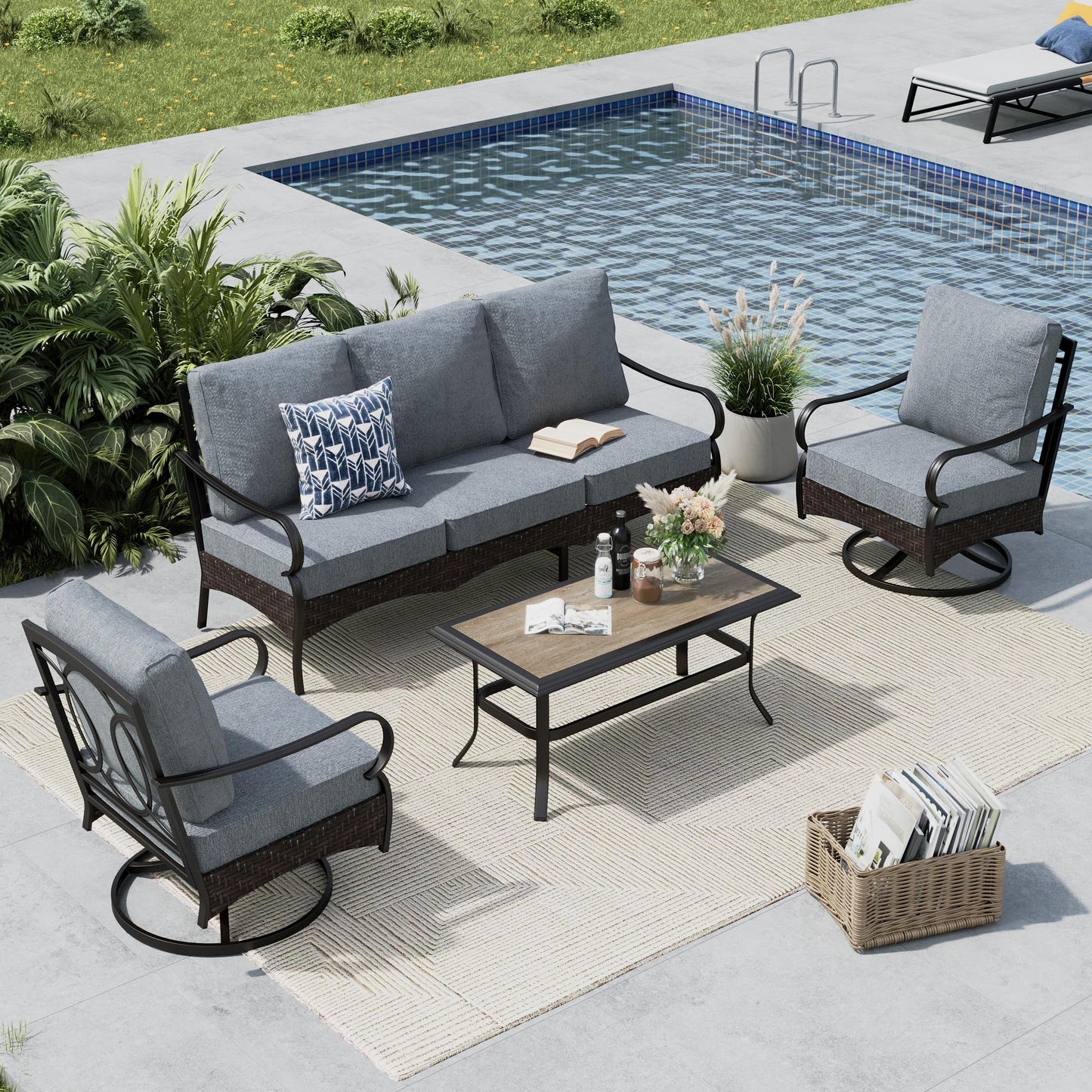 MFSTUDIO 4 Pieces Outdoor Patio Furniture Set, Metal Outdoor Conversation Set, Rattan Wicker Patio Sectional with 2 x Swivel Single Sofa, 3-Seat Sofa, 1 x Coffee Table, Grey