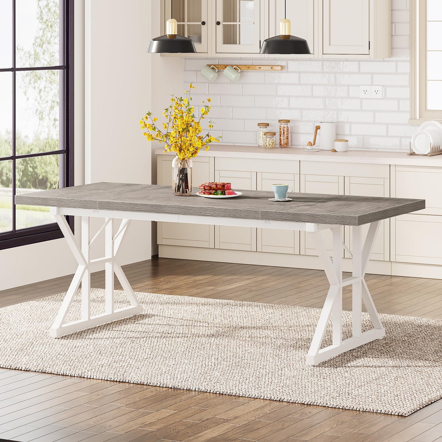 Tribesigns Farmhouse Dining Table for 6 People, 70.8-Inch Rectangular Wood Dining Table, Rustic Kitchen Table with Heavy Duty Metal Legs for Dining Room(Grey)