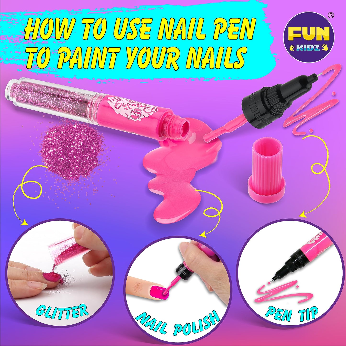 Craft Nail Pens Kit for Kids Ages 7-12, FunKidz Nail Set with Nail Polish Glitter Sticker Temporary Makeup Nails Kit for Girl Teens Party Activities Gifts