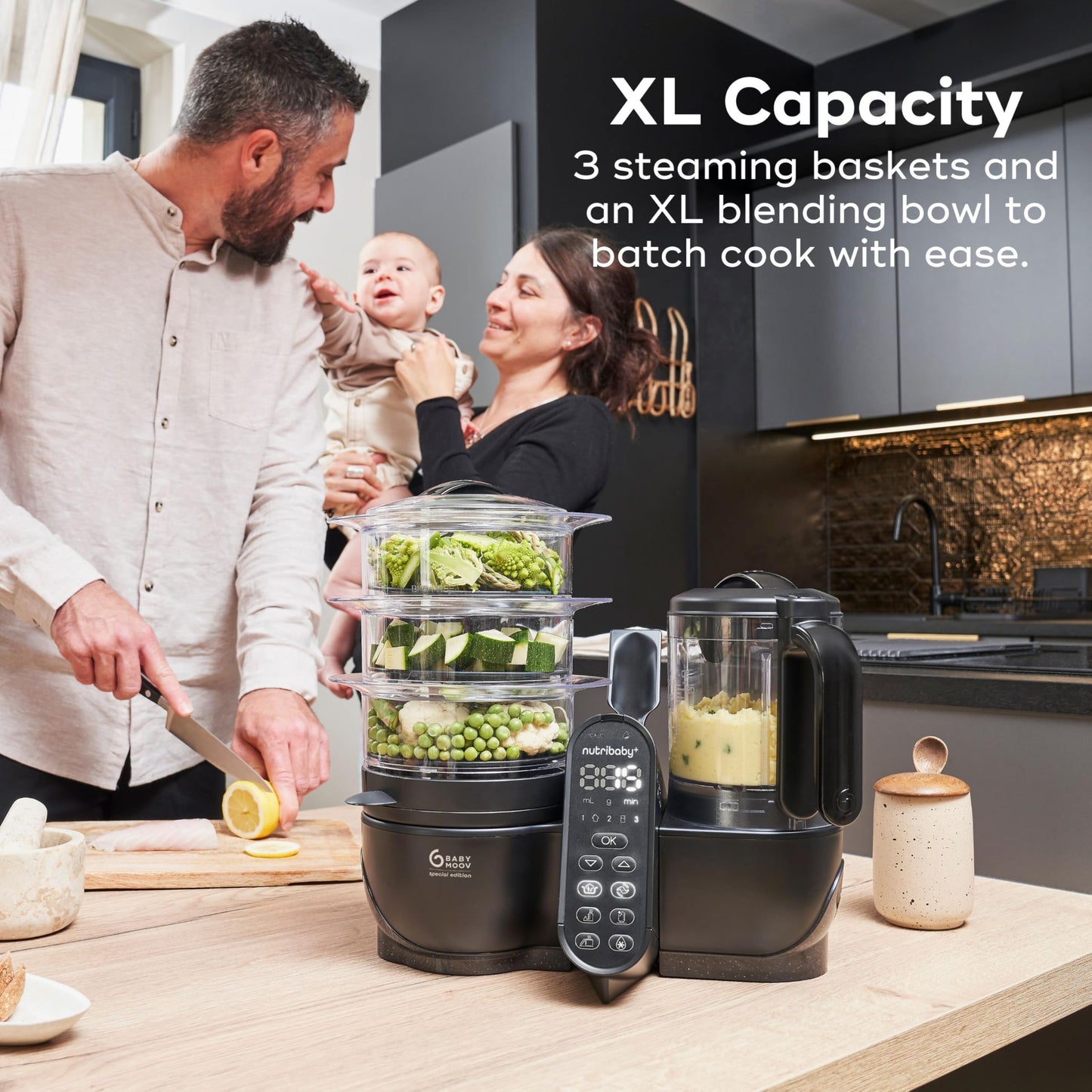 Babymoov Duo Meal Station XL, 6 in 1 Food Processor with Steamer, Multi-Speed Blender, Warmer, Defroster & Sterilizer (Nutritionist Approved), Black