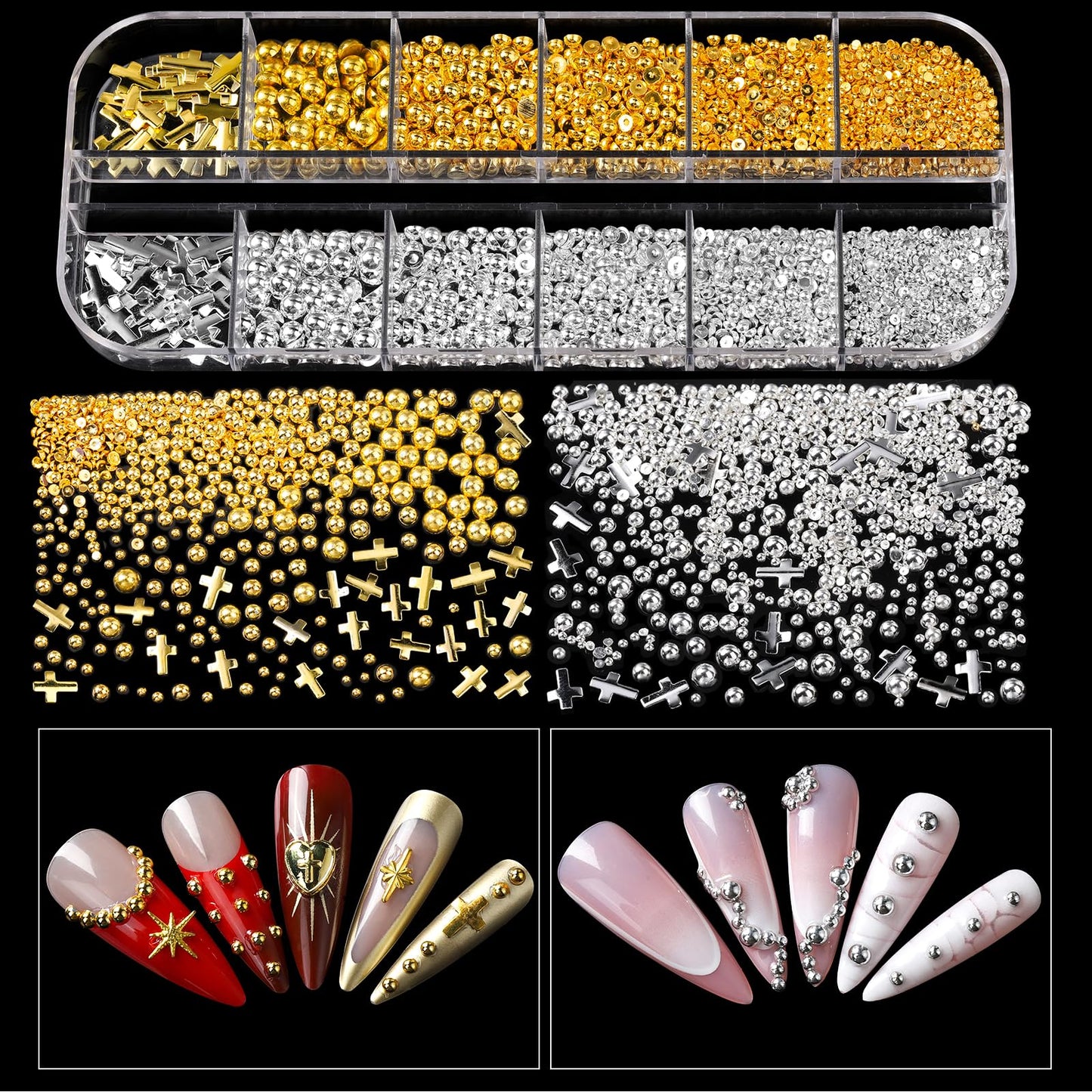 Teenitor Nail Charms and Gems with Nail Stickers, 6 Boxes Silver & Gold Nail Gems and Rhinestones Kit for Women, 3D Nail Art Rhinestones Nail Pearls, Caviar Beads for Nails,Y2K & Cross Nail Charms