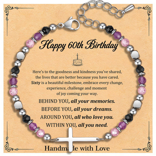 60th Birthday Gifts for Women, 60th Birthday Decorations, Dainty Christian Cross Bracelet – Adjustable Anxiety Relief Friendship Jewelry for Friend, Sister, Mom
