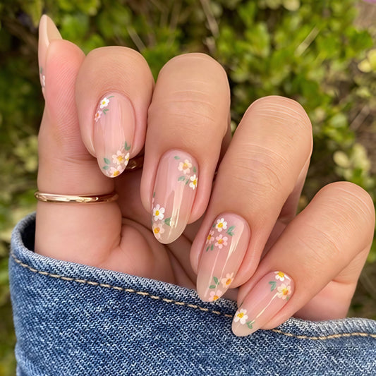 24Pcs Flower Press on Nails Medium Almond with Daisy Flower French Tip Nude Pink Design Full Cover Floral Acrylic Artificial Fake Nails for Women Girls Spring Summer Manicure Decoration