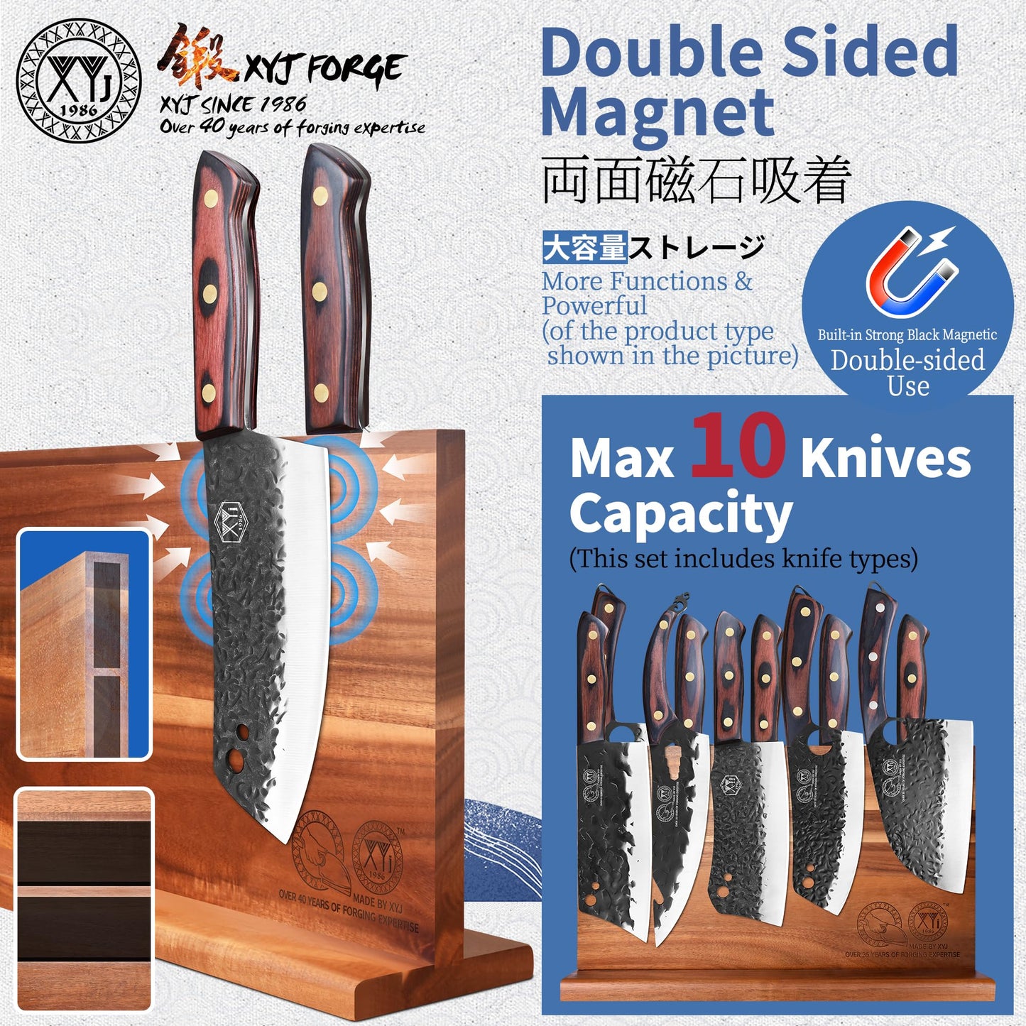 XYJ Full Tang Knives Set with Magnetic Knife Block,Cutting Board,Sharpener Rod,Scissors,Gloves,High Carbon Steel Blades,Knife Block Set,Cleaver Vegetable Butcher Kitchen Knives