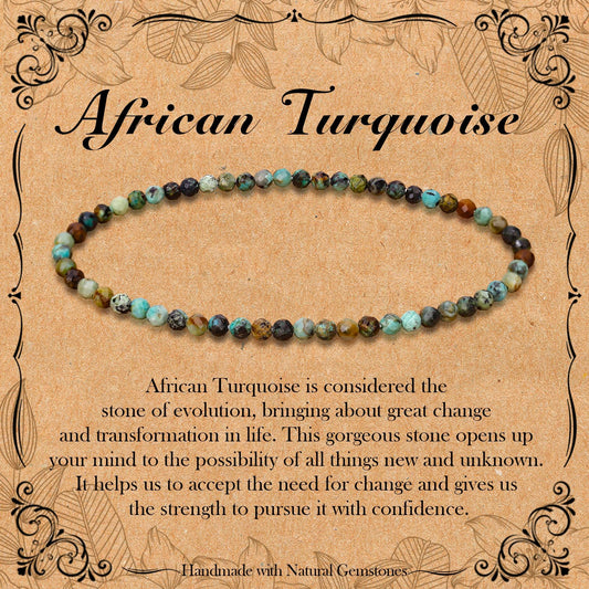 BONNY BOXX Natural Genuine Gemstone Faceted Round Beads Bracelets, 3mm Adjustable Stretchy Tiny Faceted African Turquoise Bracelet, Healing Crystal Reiki Chakra Dainty Jewelry Fashion Gifts