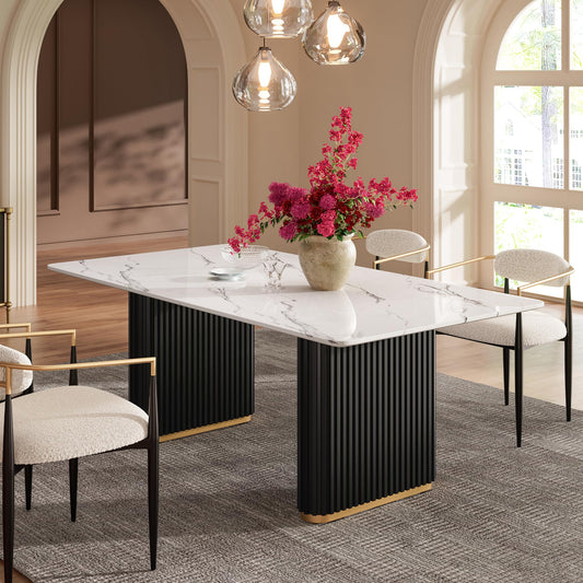 Morden Fort Marble Dining Table for 6, 70 Inch Modern Kitchen Table with Black Fluted Base and Gold Trim for Ktichen, Dining Room and Reception