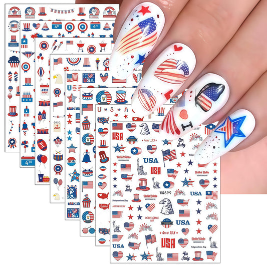 8Sheets 4th of July Nail Art Stickers American Independence Day Nail Design Decals，3D Self-Adhesive Nail Decals Balloon Heart Designs American Flag Nail Decorations for Women Girls Manicure Stickers