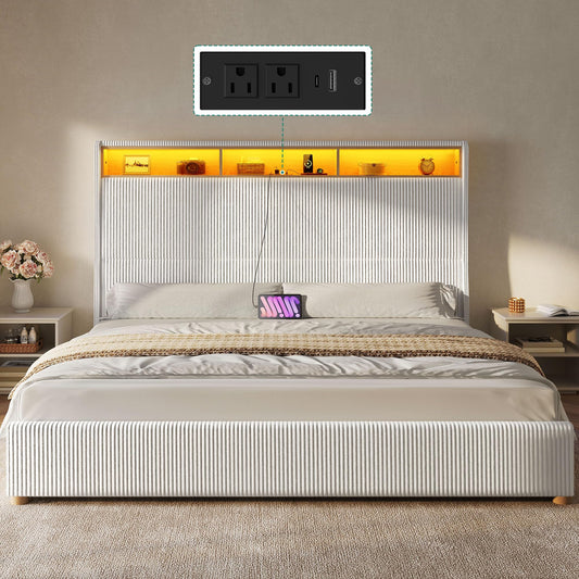 DWVO King Size Corduroy Upholstered Platform Bed Frame with Charging Station and RGB LED Lights, 53’’ Tall Storage Wingback Headboard, No Box Spring Needed, Easy Assembly, Noise-Free, White