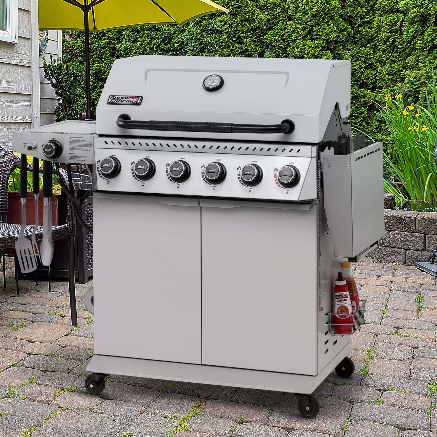 Royal Gourmet GA6406W 6 Burner Propane Gas Grill with Foldable Right-Side Table, 74,000 BTUs, Cabinet Style Gas BBQ Grill with Side Burner for Barbecue Grilling & Backyard Cooking, White
