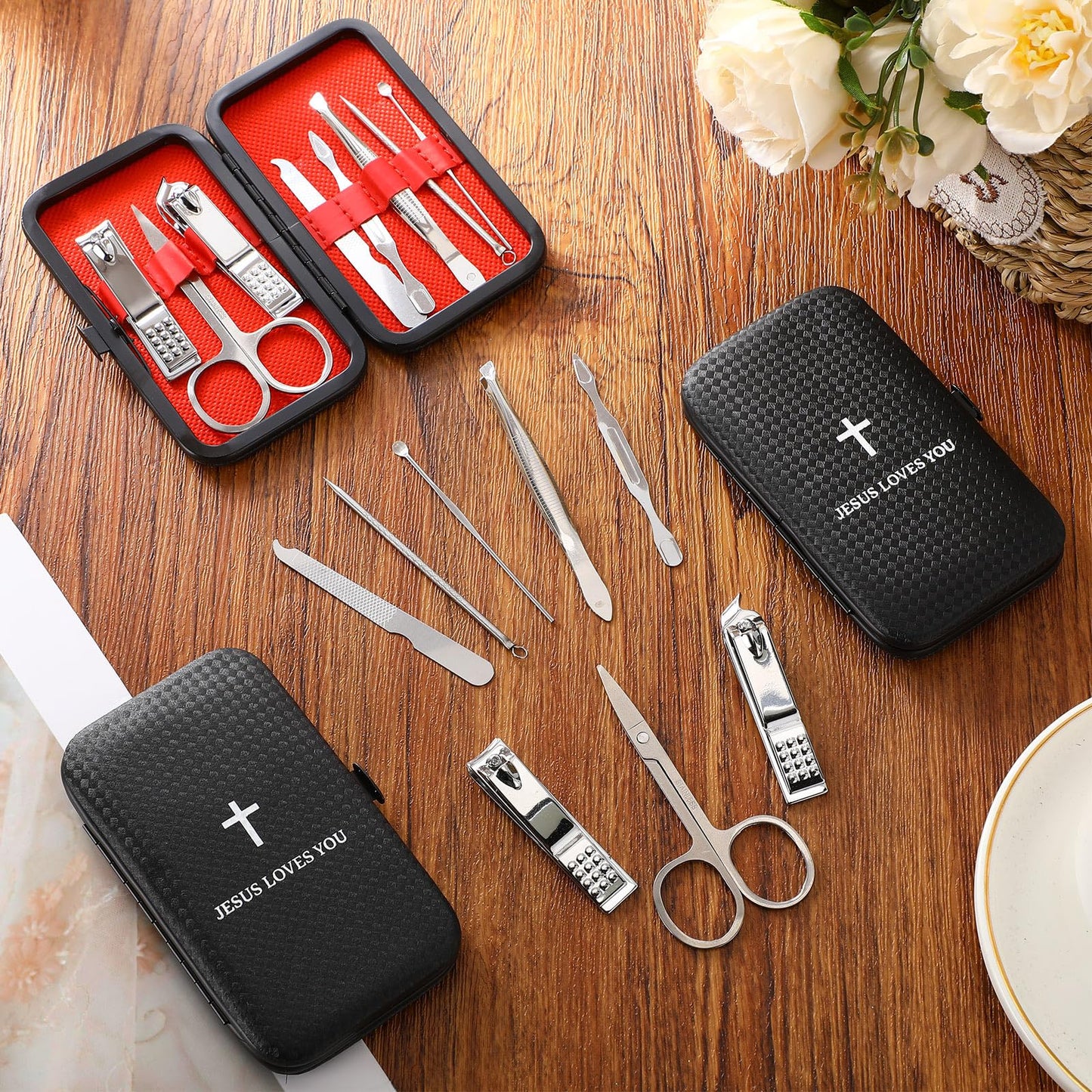 Yinkin 16 Pack Father's Day Christian Bulk Gifts Nail Clipper Set Jesus Loves You Manicure Set 8 in 1 Nail Pedicure Kit for Men Dad Husband Grooming Gifts Kits with Leather Case