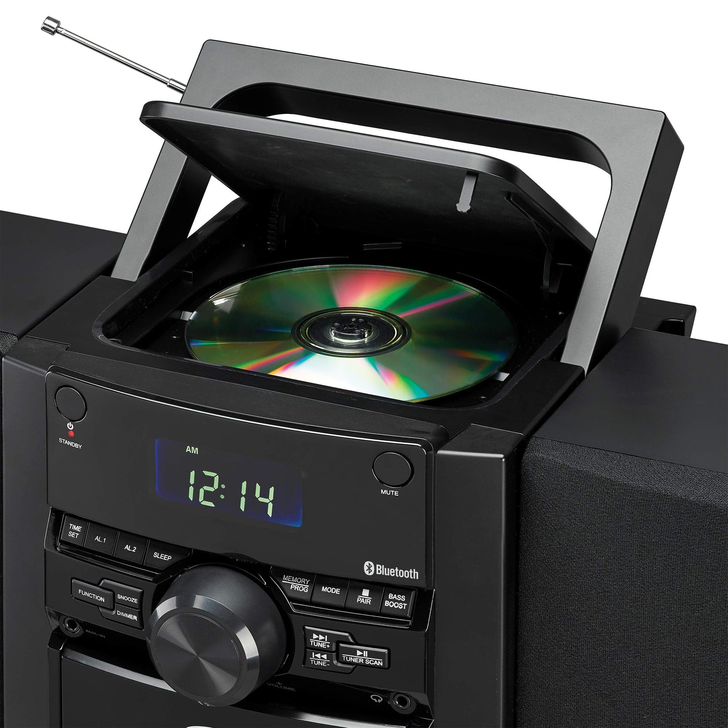 JENSEN 10-Watt Portable Bluetooth Home Stereo System with Detachable Speakers, CD/Cassette Players, AM/FM Radio, Alarm Clock, and Remote (CD-785)