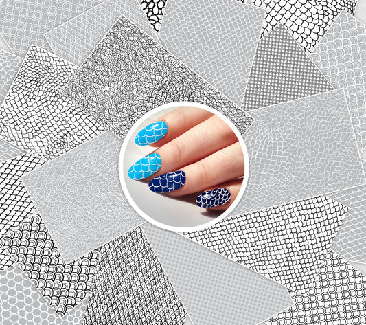 Scale Pattern ~ 20 Sheets Nail Stickers ~ Repeating Fish Scale Textures and Geometric Patterns in Monochrome and Gradient Styles Creating Modern Structured Manicure Designs