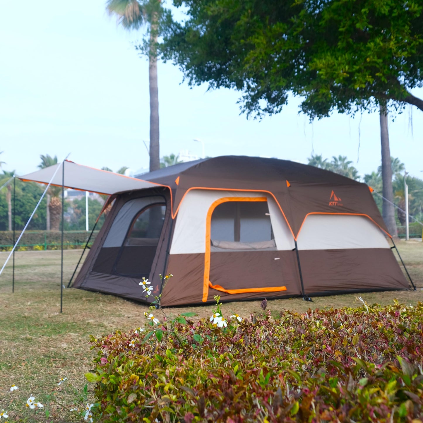 KTT Extra Large Tent 12 Person,Family Cabin Tents,2 Rooms,3 Doors and 3 Windows with Mesh,Straight Wall,Waterproof,Double Layer,Big Tent for Outdoor,Picnic,Camping,Family Gathering(Brown)
