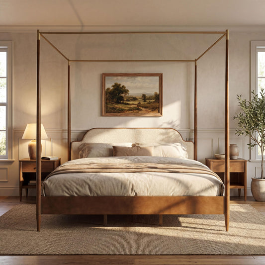 Christopher Knight Home Calos Canopy Bed Frame King Size with Upholstered Headboard, Solid Wood Four-Poster Platform Bed Frame, Wooden Slats Support, No Box Spring Needed, Easy Assembly, Brown