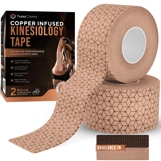 TheraCopper Copper Infused Kinesiology Tape – 2 Rolls (40 Precut Strips) – Advanced Waterproof Kinesiology Tape for Shoulder, Elbow, Bowling Wrist, Weightlifting, Muscle Strain & Joint Support (Tan)