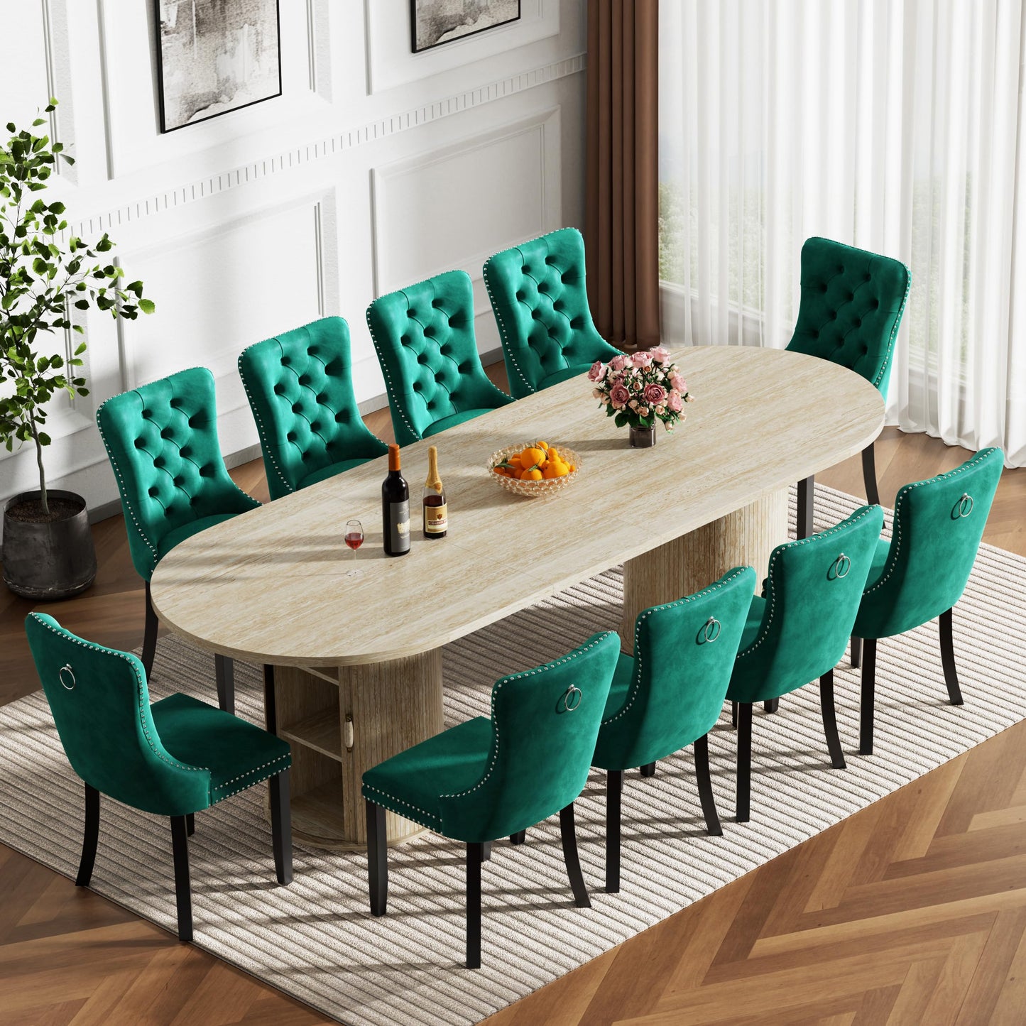 11 Piece Extendable Dining Table Set with 10 Green Upholstered Chairs, 63"-95" Faux Mars Oval Kitchen Table Set with Storage for 10, Space-Saving Expandable Dining Room Table Set w/Wood Fluted Base