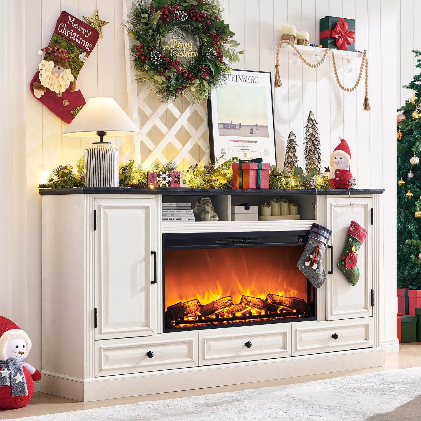ACCOHOHO Fireplace TV Stand for 80 Inch TV, 35.7" Tall Farmhouse Entertainment Center W/36'' Electric Fireplace, Media Console with Large Storage Cabinets and Drawers for Living Room, Antique White