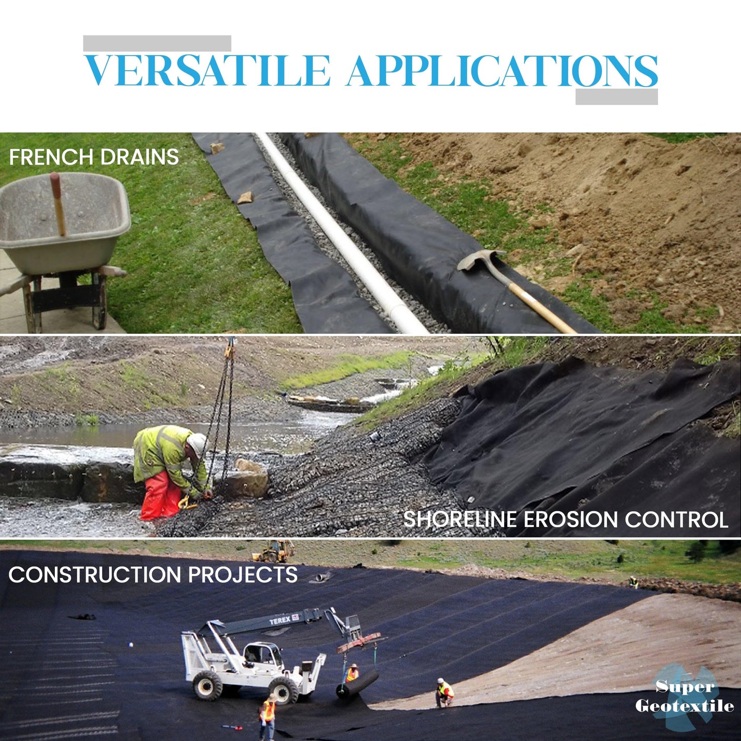 Super Geotextile 4, 6, 8 oz Non Woven Fabric for Landscaping, French Drains, Underlayment, Erosion Control, Construction Projects - 4 ozs (3x100)