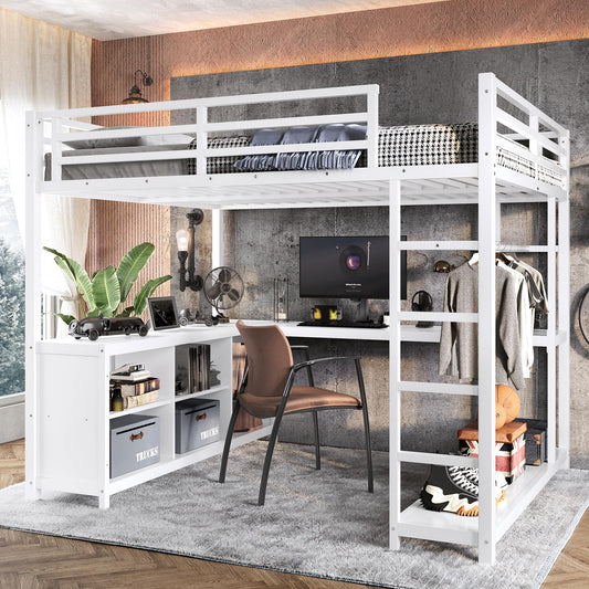 Bellemave Queen Size Loft Bed with Desk & Clothes Rack, All-in-One Heavy Duty Metal Loft Bed Frame with Storage Cube & Shelf, Space Saving Loft Bed Queen Size for Adult, Teen, Kids, Apartment, White