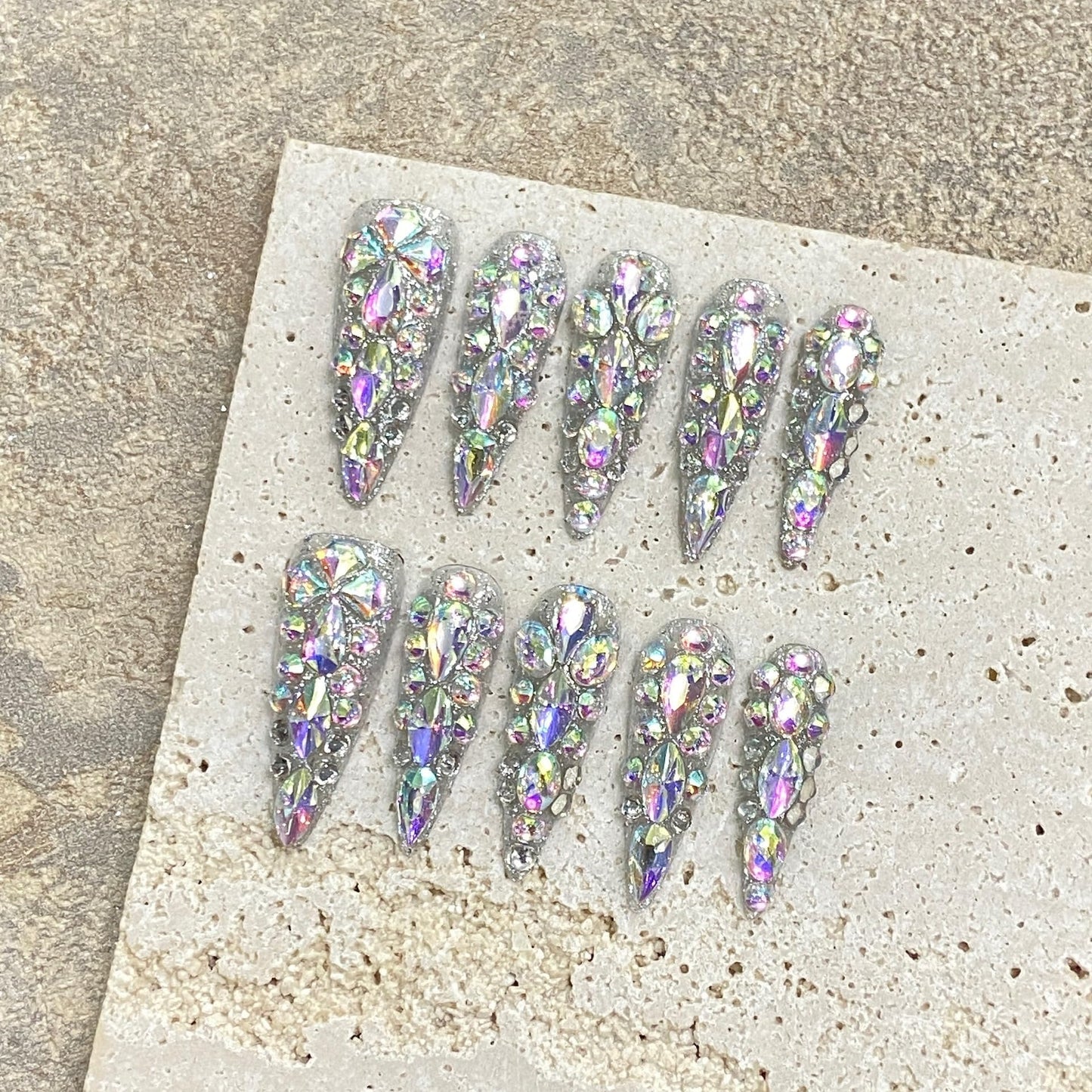 NLSJMP 3D Handmade Long Stiletto Press on Nails Almond Acrylic Fake Nails Kit,Rhinestone Luxury glitter Design Nail Art Kit,Reusable False nails,Include Toolkit,10Pcs,Size S,#986