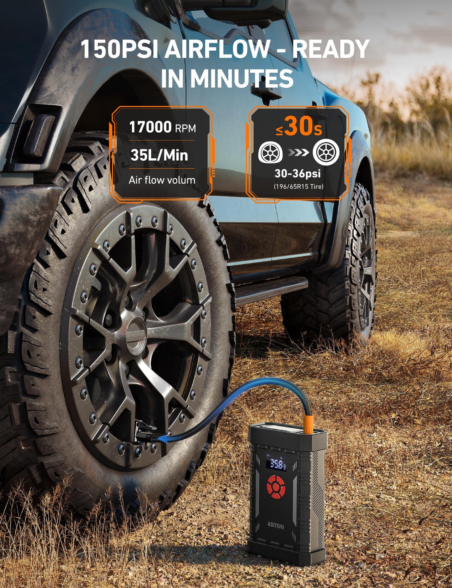 AstroAl A30 Jump Starter with Air Compressor, 4000A &150PSI Portable Car Battery Jump Starter (10.0 Gas/8.0LDiesel) with Tire Inflator, 12V Battery Charger, 18W Quick Charge, Jumper Cables, Lights