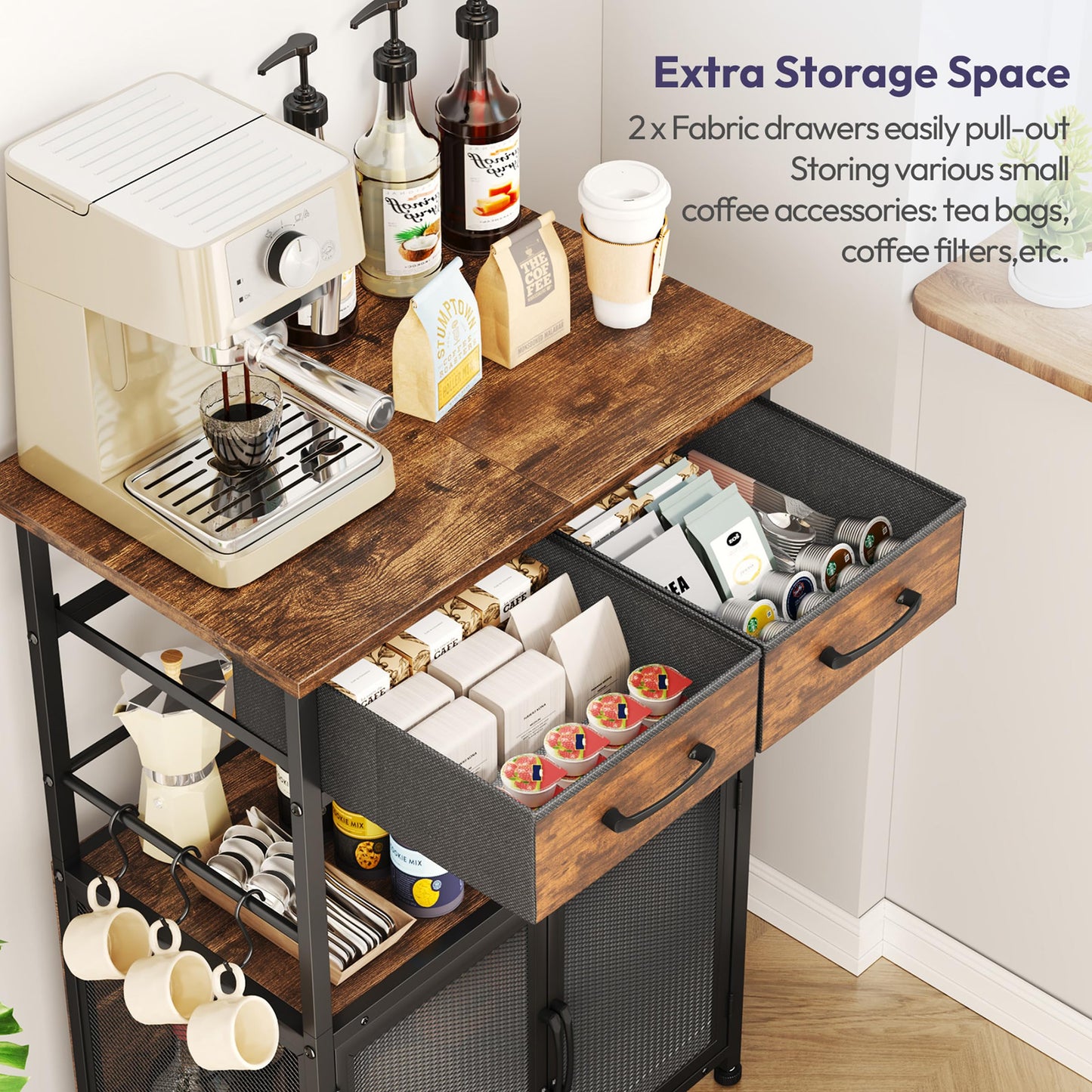 SWTYMIKI Coffee Bar Cabinet with Drawer - 20.47" Coffee Stand Station with Removable Hooks, Buffet Cabinet for Coffee Maker or Microwave, Kitchen Bar Table Storage Organizer, Espresso