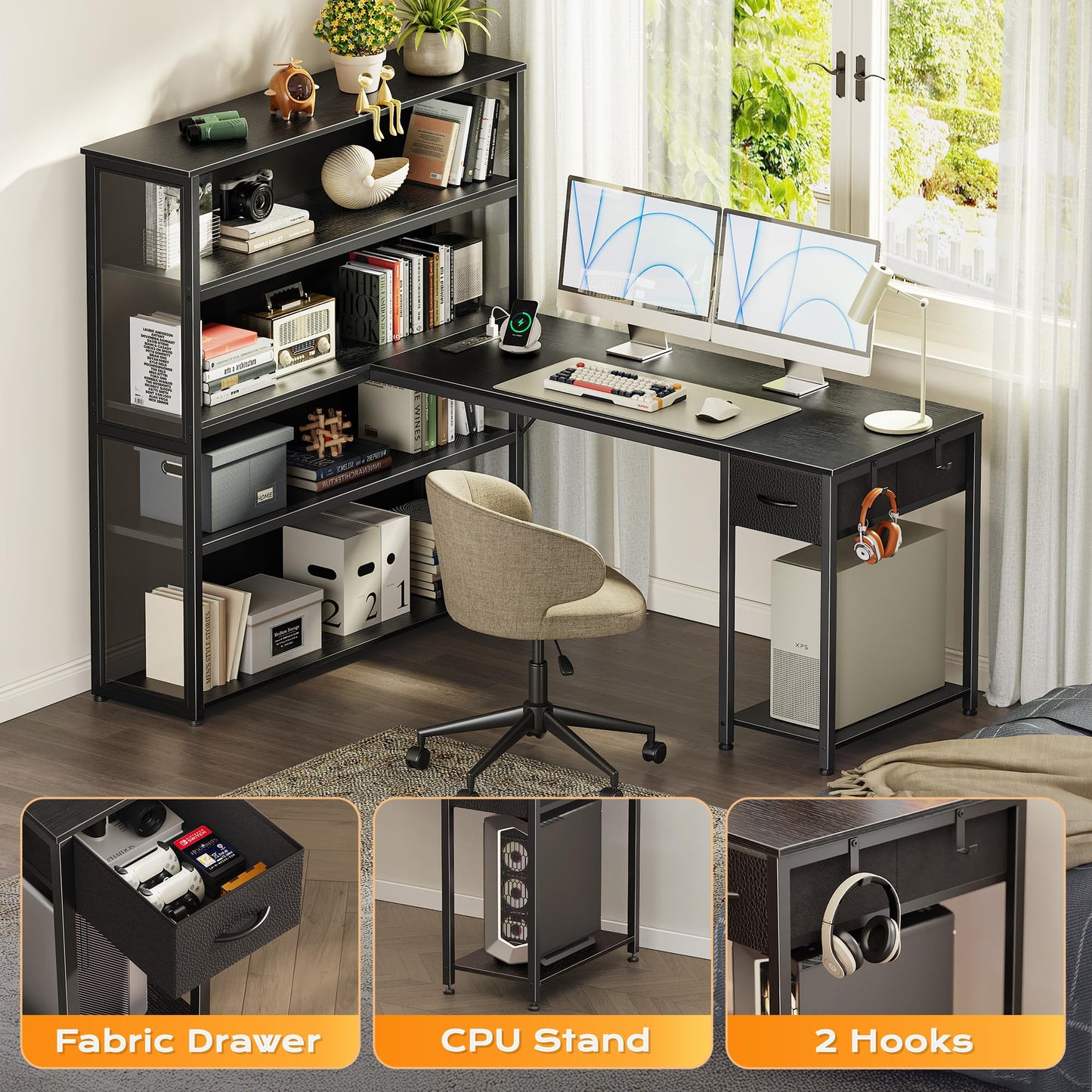 PRAISUN 57 Inch L Shaped Gaming Computer Desk with Larger Open Cabinet, Reverisble Office Desk with Power Outlets, LED Lights, Work Desk, Fabric Drawer, Adjustable Wood and Mesh Shelf, Black