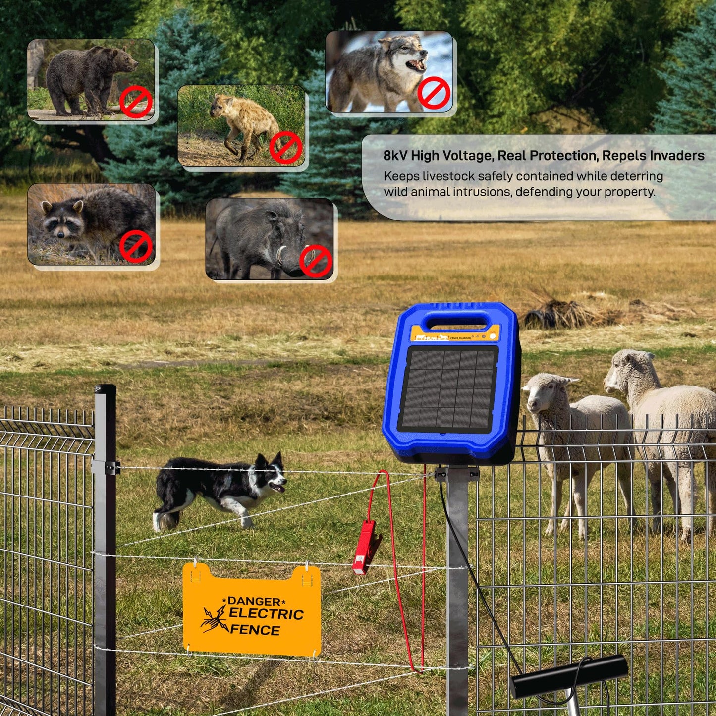 DfuGift Solar Electric Fence Charger - 0.5 Joule Output up to 5 Miles, 8000V Solar Powered Fence Energizer for Livestock, Cattle and Horse, IP55 Weatherproof Controller with Day/Night Mode