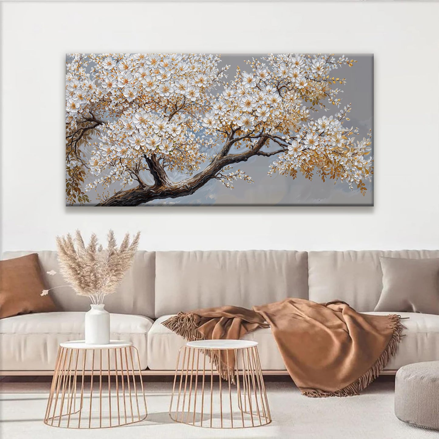 Canvas Wall Art Decor White Flowers On Tree Artwork Wall Decor Living Room Canvas Prints Modern Wall Art For Office Kitchen Canvas Prints Decor 24x48 Inch