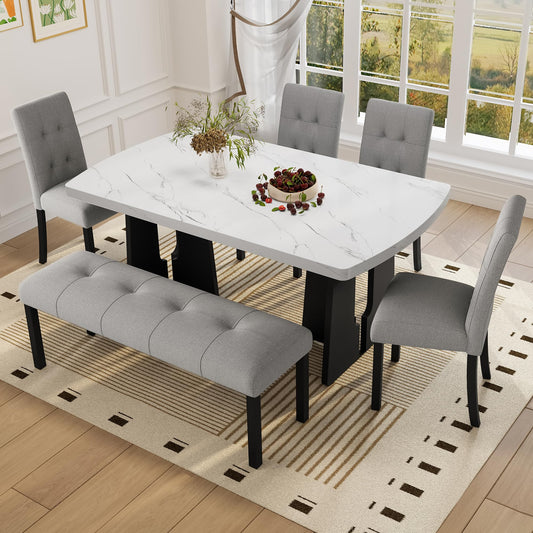 GDFStudio 6 Piece Faux Marble Dining Set with Bench, 63" Oval Kitchen Table with 4 Upholstered Tufted Chairs, Rubber Wood Legs, Modern Dining Room Furniture, Gray & White