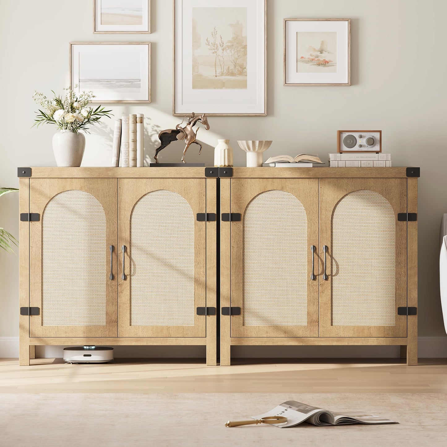 GarveeHome Rattan Sideboard Buffet Cabinets with Storage, Farmhouse Kitchen Accent Storage Cabinet, Boho Wooden Coffee Bar Cabinet for Dining Room, Living Room, Hallway, Natural
